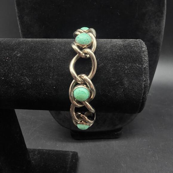 Peking Glass Bracelet Silver Tone Chain Link Vintage Teal Green Blue Jewelry - Picture 10 of 10